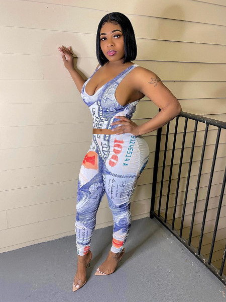 Women's spring and summer new casual suit hot sale vest dollar printed pants suit QS5046