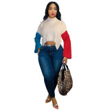 Multicolor stitching flared sleeve turtleneck sweater split top LM8292