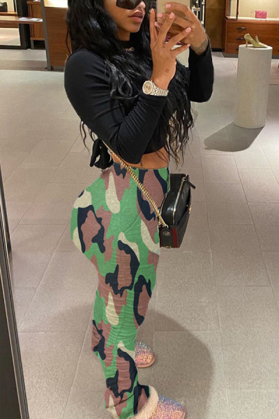 Sexy camouflage print buttocks pleated elastic cotton pants LM8294