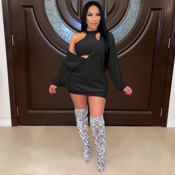 Women's big V-neck sweater dress + vest two-piece suit MN8390