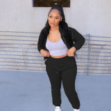 Women's fashion casual solid color plus fleece sweater pocket large size loose sports two-piece suit SM9217