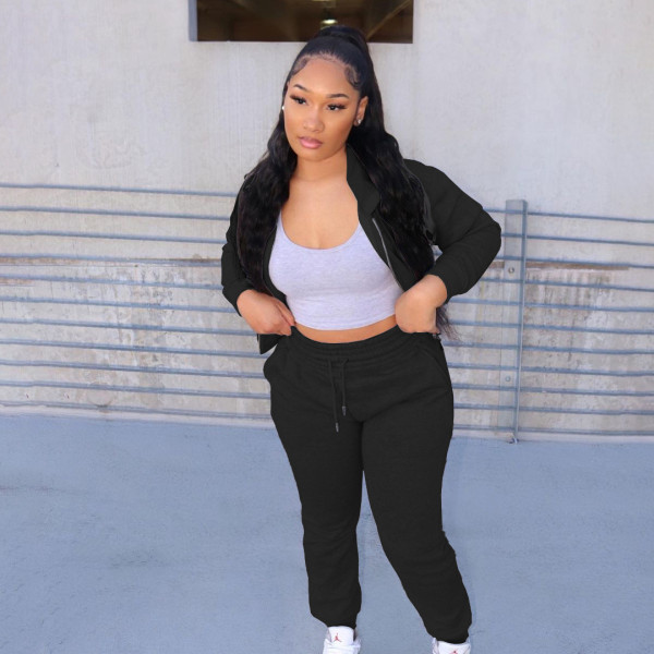 Women's fashion casual solid color plus fleece sweater pocket large size loose sports two-piece suit SM9217