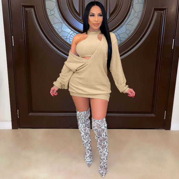 Women's big V-neck sweater dress + vest two-piece suit MN8390