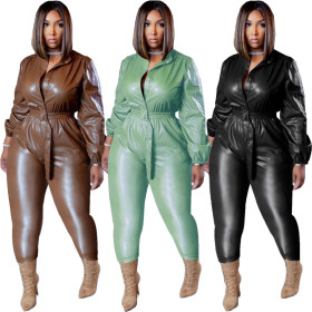 Casual jumpsuit with leather button belt LY057