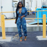 Fashion imitation denim print two-piece suit L8164