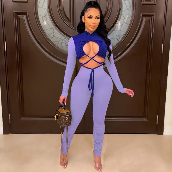 Sexy hit color cutout tie jumpsuit AC9120