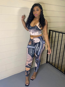 Women's spring and summer new casual suit hot sale vest dollar printed pants suit QS5046
