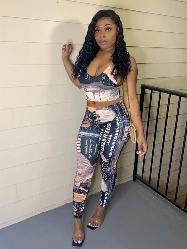 Women's spring and summer new casual suit hot sale vest dollar printed pants suit QS5046