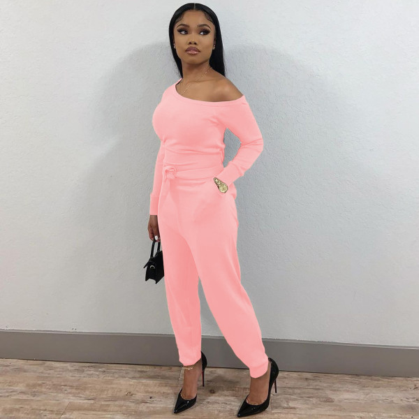 Women's fashion casual sexy solid color beveled neckline with belt hidden loose long-sleeved jumpsuit SM9218