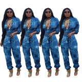 Fashion imitation denim print two-piece suit L8164