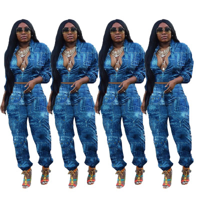 Fashion imitation denim print two-piece suit L8164