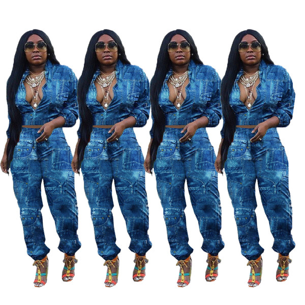 Fashion imitation denim print two-piece suit L8164