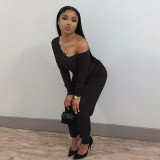 Women's fashion casual sexy solid color beveled neckline with belt hidden loose long-sleeved jumpsuit SM9218