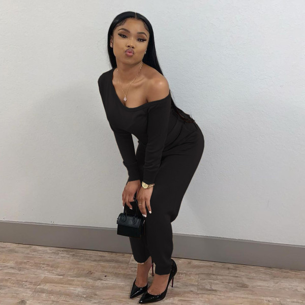 Women's fashion casual sexy solid color beveled neckline with belt hidden loose long-sleeved jumpsuit SM9218