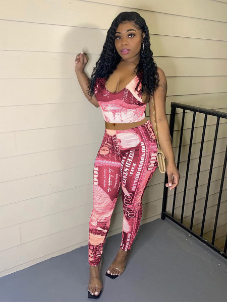 Women's spring and summer new casual suit hot sale vest dollar printed pants suit QS5046