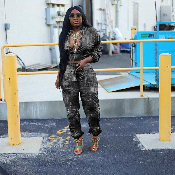 Fashion imitation denim print two-piece suit L8164