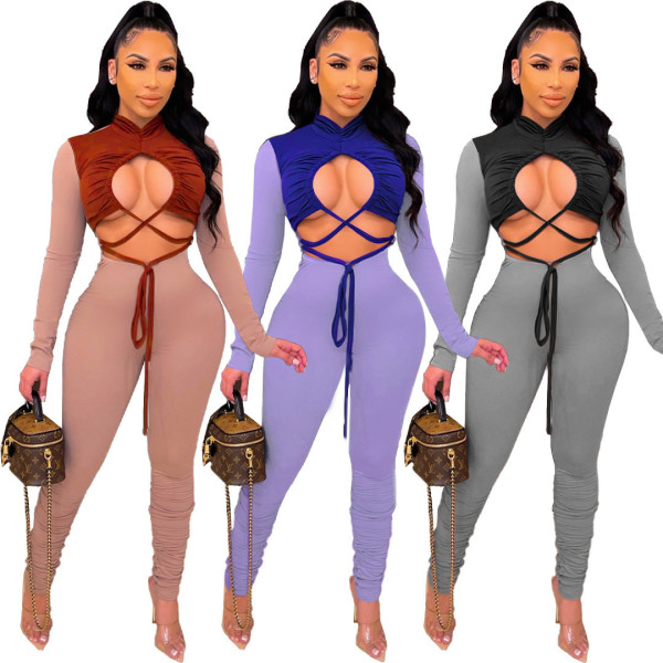 Sexy hit color cutout tie jumpsuit AC9120