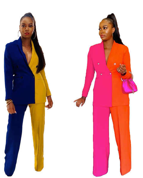 Professional contrast color suit, loose and long two-piece suit SD20136
