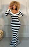 2021 autumn and winter new striped bag hip long dress p8618