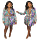 Women's loose tie print shirt colorful pleated skirt two-piece suit SD23116