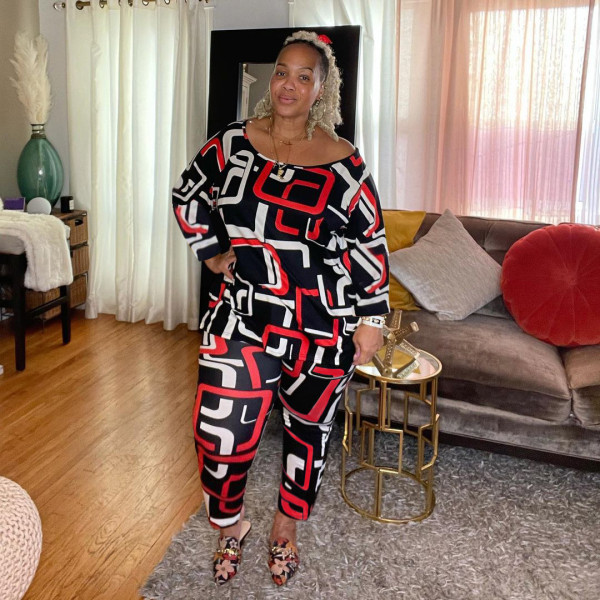 Plus size women's fashion digital printing loose long-sleeved trousers two-piece suit QX1224