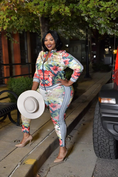 New autumn printing large size zipper single row collar two-piece suit SD1087