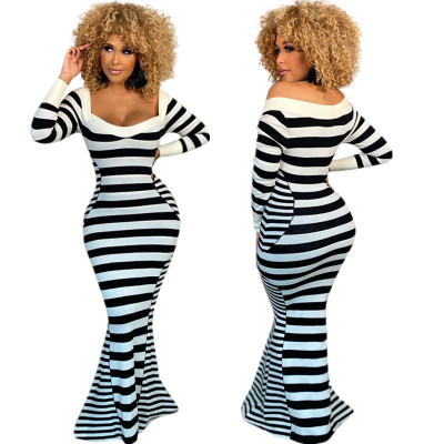 2021 autumn and winter new striped bag hip long dress p8618