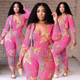 Two-piece printed suit and suspenders QS5071
