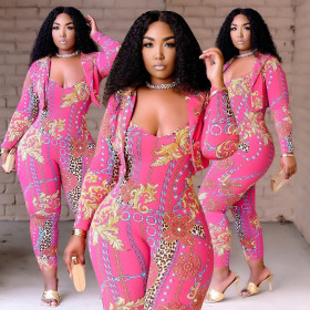 Two-piece printed suit and suspenders QS5071