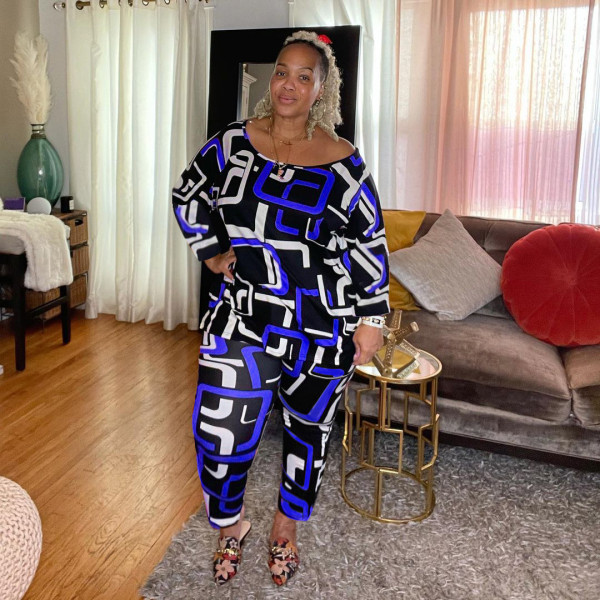 Plus size women's fashion digital printing loose long-sleeved trousers two-piece suit QX1224
