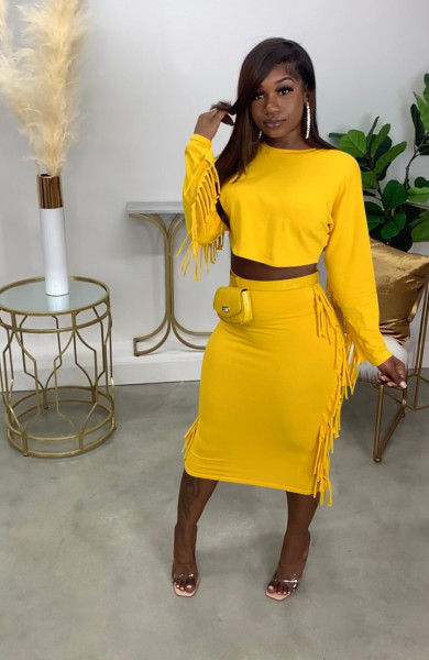 2021 autumn and winter new solid color tassel long-sleeved bag hip skirt two-piece set p8617