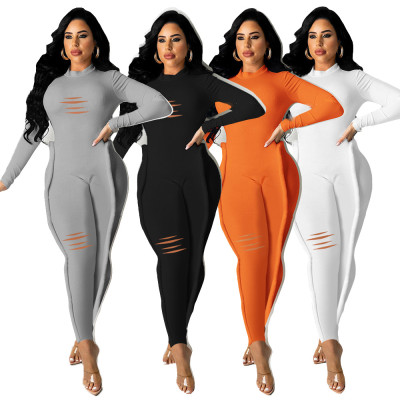Fall new style ripped elastic tight-fitting roll-up jumpsuit SD29132