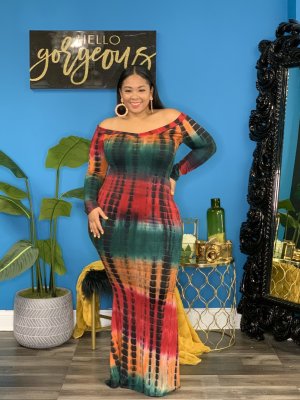 Autumn tie-dye print one-shoulder dress QY18031