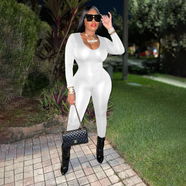 Women's spring and summer solid color back tightening belt jumpsuit QS51053