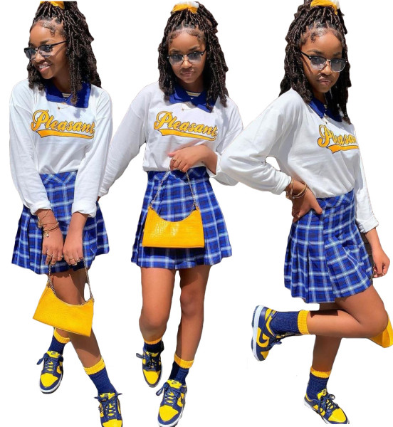 Letter Long Sleeve Big Pleated Short Skirt Set SD29131