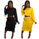 2021 autumn and winter new solid color tassel long-sleeved bag hip skirt two-piece set p8617