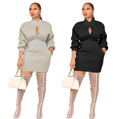 Women's half-high neck waist trimming threaded flocking sweater and hip dress C657
