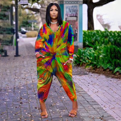 New plus size women's rainbow blooming print long jumpsuit HB4049