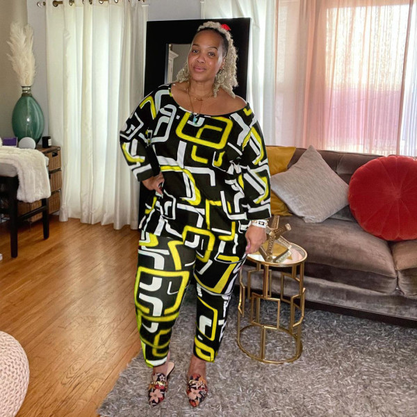 Plus size women's fashion digital printing loose long-sleeved trousers two-piece suit QX1224