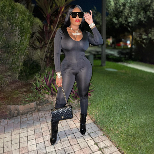 Women's spring and summer solid color back tightening belt jumpsuit QS51053