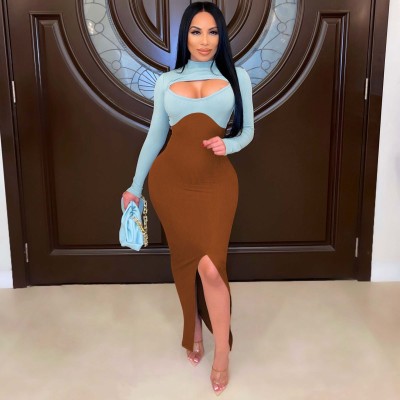 Women's autumn and winter high elastic long-sleeved shawl sling split dress suit D945