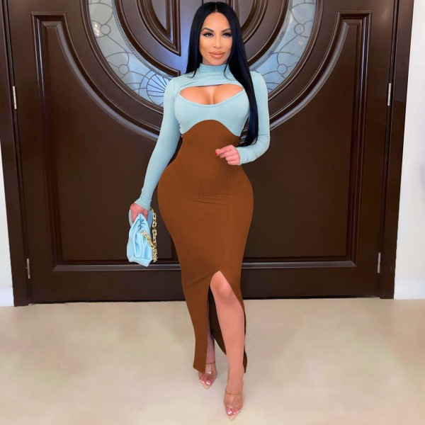 Women's autumn and winter high elastic long-sleeved shawl sling split dress suit D945
