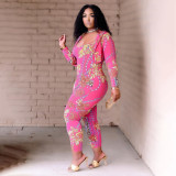 Two-piece printed suit and suspenders QS5071