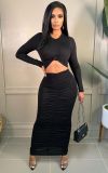 Sexy autumn and winter women's solid color pleated skirt long sleeves waistless ladies long dress MM2145