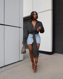 Nightclub solid color pleated deep V belt zipper casual shirt MH82085