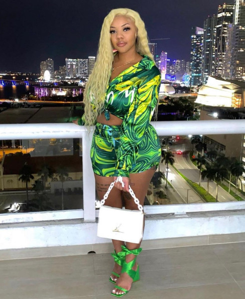 Trend ins style sexy shirt casual senior green print 2-piece suit FFD1144