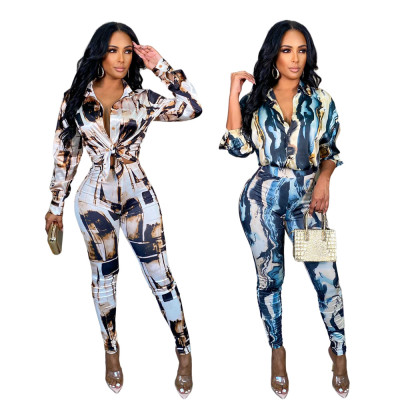 Glossy Irregular Printed Ladies Shirt and Pencil Pants Set MM2147