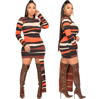 Fashion casual striped print ladies home bag hip open back dress MM2150