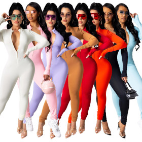 Pure Color Zipper Long Sleeve Sexy Slim Ladies Leggings All-in-One Pants MM2134