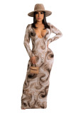 Fashion women's sexy tie-dye printing slim long-sleeved low-neck dress women MM2149